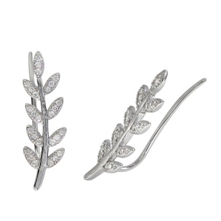 Sterling Silver Ear climber - Leaf with Cubic Zirconias - Click Image to Close